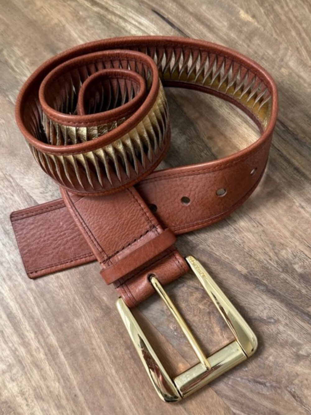 MICHAEL KORS Brown Leather Gold Pleated Ribbed Statement Waist Belt